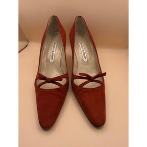 Manolo Blahnik Red Suede Bow Pointed Toe Pumps 37.5‎ Italy Heels Box Dust Bag
